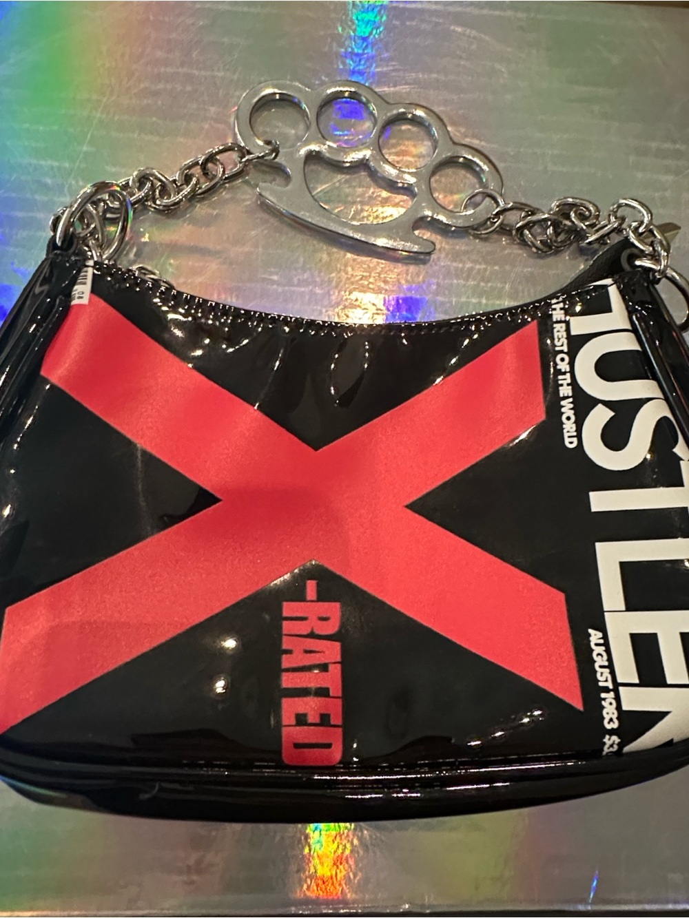 Dollskill Hustler Black Patent Shoulder Bag with Red Graphic X